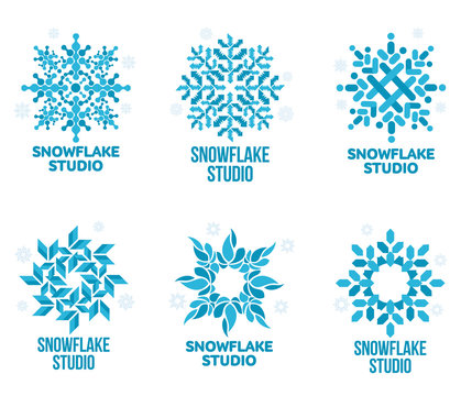 Set of blue and white snowflake vector logo templates isolated on white background. Geometrical abstract snowflake logo, frozen product, Christmas celebration, winter activities logo design