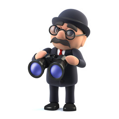3d Bowler hatted British businessman with a pair of binoculars