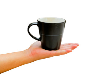Hand with cup of cofee isolated on white background.
