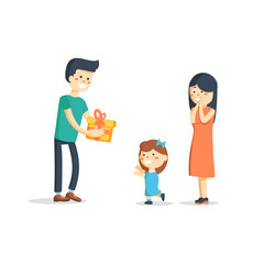 Children's birthday. Parents give her son a present.