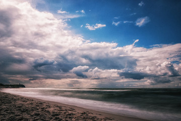 Cloudy sky at the Baltic Sea in Poland, long time exposure photo