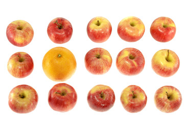 one large orange and red apples