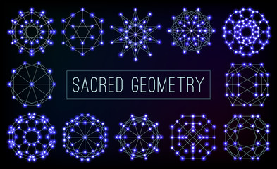 Obraz premium Blue cosmic sacred geometry symbols vector set