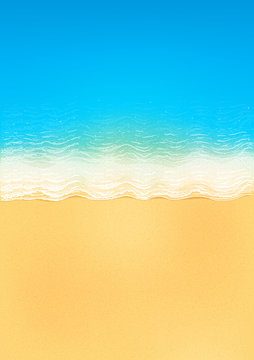 Vector top view of calm ocean beach with blue waves, yellow sand, and white foam