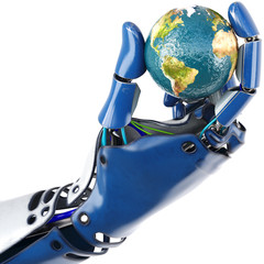 Hand of robot holding the Earth. isolated on white background. Earth map furnished by NASA. 3D illustration.