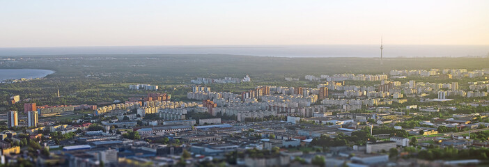 Aerial view of urban area at sunrise. Lasnamae, Tallinn, Estonia