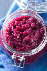 pickled red cabbage in glass jar