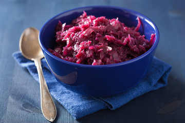pickled red cabbage in blue bowl