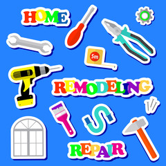 Set of icons remodel tools on a blue background.  House repair company logo. Flat style tools for building, remodel and repair. Stock vector. Flat design.