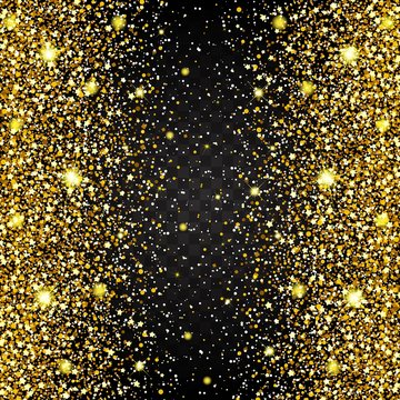 Effect of flying parts gold glitter luxury rich design background. Dark background. Stardust spark the explosion on a transparent background