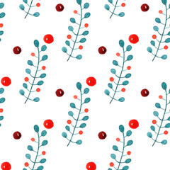 Christmas ornaments with the branches and holly berries. watercolor seamless pattern on white background.