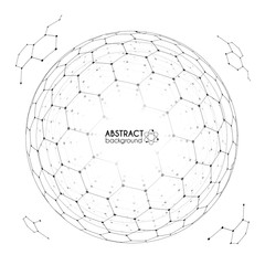 Physics and chemistry science concept with hexagonal grid vector spheres with fragments on white background