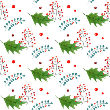 vintage seamless Christmas pattern with branches and holly berries.for season design.