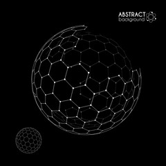 Vector hexagonal grid broken sphere planet model on black background