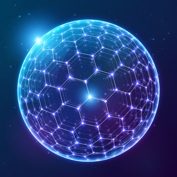 Blue vector shining sphere with hexagonal surface on dark cosmic background