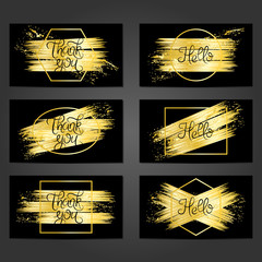 Collection of 6 vintage card templates with golden brushstrokes on black background.