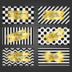 Collection of 6 vintage card templates  in black and white colors and with golden brushstrokes. 