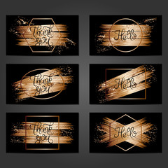 Collection of 6 vintage card templates with copper brushstrokes on black background.