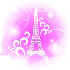Fototapeta na wymiar Silhouette of Eiffel tower on the pink watercolor background