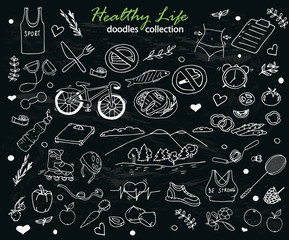 Hand-drawn collection of the healthy life doodles objects on the black background: bicycle, fruits and water, rollers, food, weight, nature and fresh air etc. Line art icons.