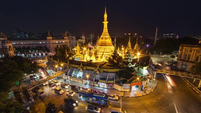 4K time-lapse view of Sule Pagoda with traffic, a major landmark in Yangon, Myanmar