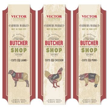 Meat chicken, pork, lamb, butcher shop labels vector banners