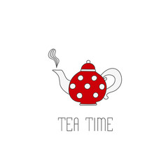 Polka dots teapot with tea on white background. Teatime text message,