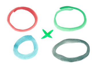 Four rings and a cross painted with paints of different colors