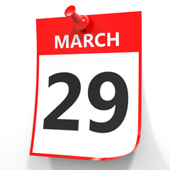 Fototapeta premium March 29. Calendar on white background.