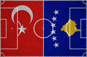 Flags of Turkey - Kosovo on the football field. 2018 football qualifiers