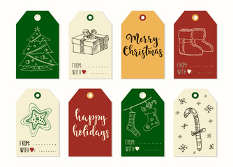 Merry Christmas and Happy New Year vintage gift tags cards with calligraphy.