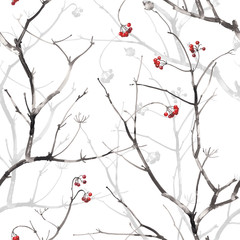 Watercolor seamless pattern with branches and berries and shadow branches, isolated on white background.