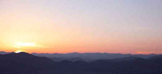 Sunset. Landscape of ridge mountains, sky sunrise, nature backgr