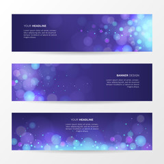 Vector abstract background with sparkling magic blue light. Set of horizontal banners with bright glow spark and bokeh effect.