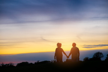 Silhouette of couple holding hands. People on evening sky background. Share the eternity. I live...