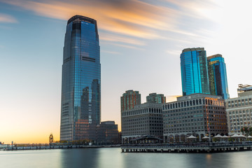 Jersey City harbor front at sunset
