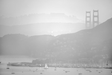 sausalito boats bridge bw