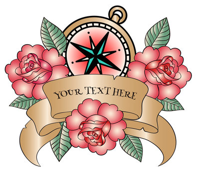 Эскиз татуировки олдскул, ретро винтаж, компас цветы пионы и лента с надписью