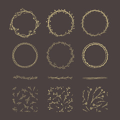 Vintage decorative elements - wreaths, borders and seamless patterns. Hand drawn vector design wedding set.