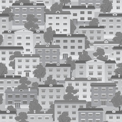 светло-серый бесшовный фон с рисунком городских домов и деревьев © yulicon