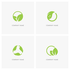 Green leaves and ecology vector logo. Fresh leaf in circle, green sprout or plant, balance in nature - spring, eco and environment icons.