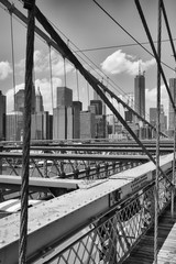 View from historic Brooklyn Bridge to  New York City, New York,
