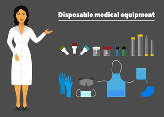 illustration of disposable medical equipment and a nurse (medical worker)