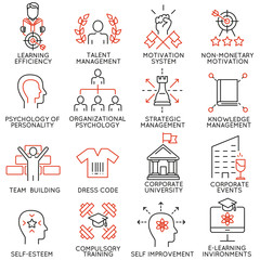 Vector set of 16 linear thin icons related to striving for success, leadership development, career progress and personal training. Mono line pictograms and infographics design elements - part 6