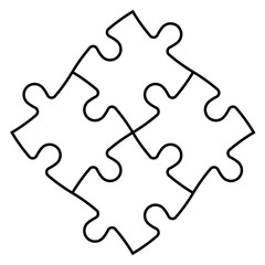 Obraz premium Solved jigsaw puzzle of four pieces. Team cooperation, teamwork or solution business theme. Simple flat vector illustration with black outline on white background.