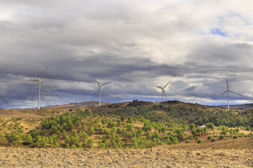 Windmills in mountainous landscape on a rainy day with cloudy sky, with pinewoods and plowed farmlands