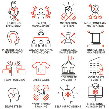 Vector set of 16 linear thin icons related to striving for success, leadership development, career progress and personal training. Mono line pictograms and infographics design elements - part 6