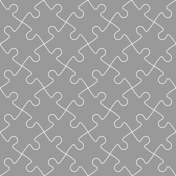 Jigsaw puzzle seamless background. Mosaic of grey puzzle pieces with white outline in diagonal arrangement. Simple flat vector illustration.