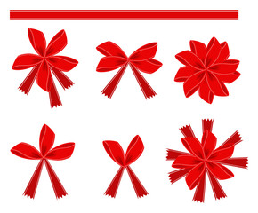 Illustration Collection of Red Bows and Ribbon Isolated on White Background.