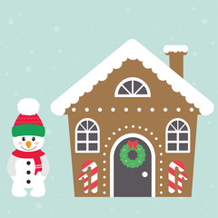christmas house with cartoon snowman